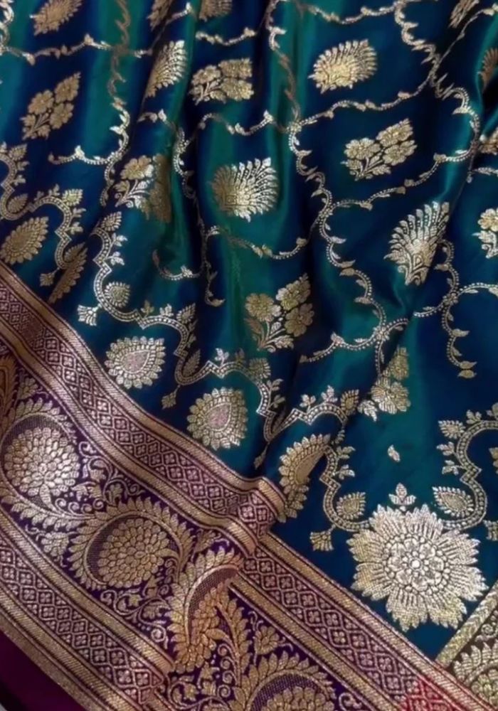 Teal Blue Banarasi Satin Silk Saree with Golden Zari Paisley Border