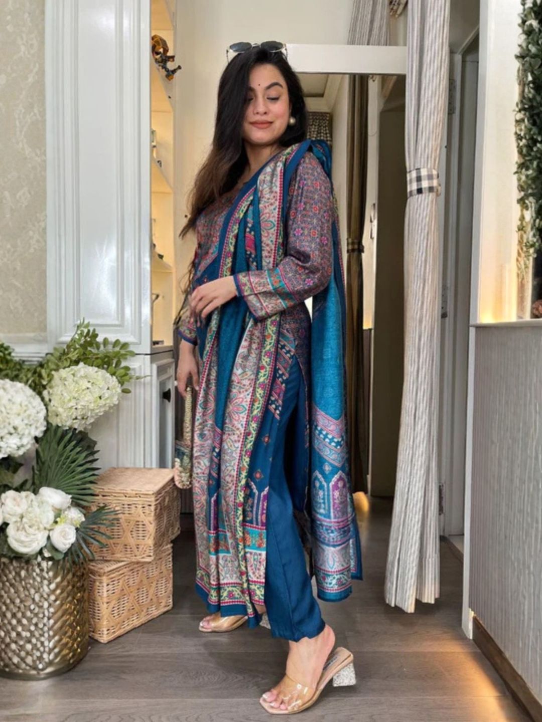 Royal Blue Printed Rayon Kurta Set with Statement Dupatta