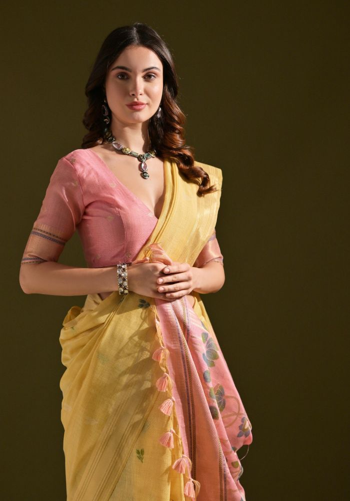 Designer Cotton Mustard Saree with Lotus Print