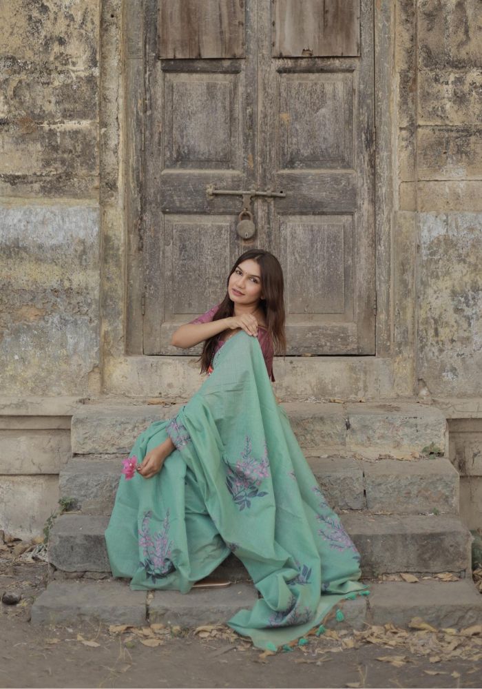 Elegant Floral Printed Sea Green Saree with Designer Pallu and Tassels