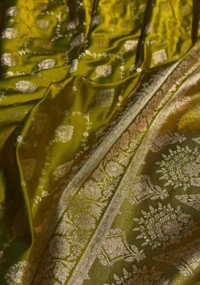 Green Banarasi Satin Silk Saree with Golden Zari Weaving