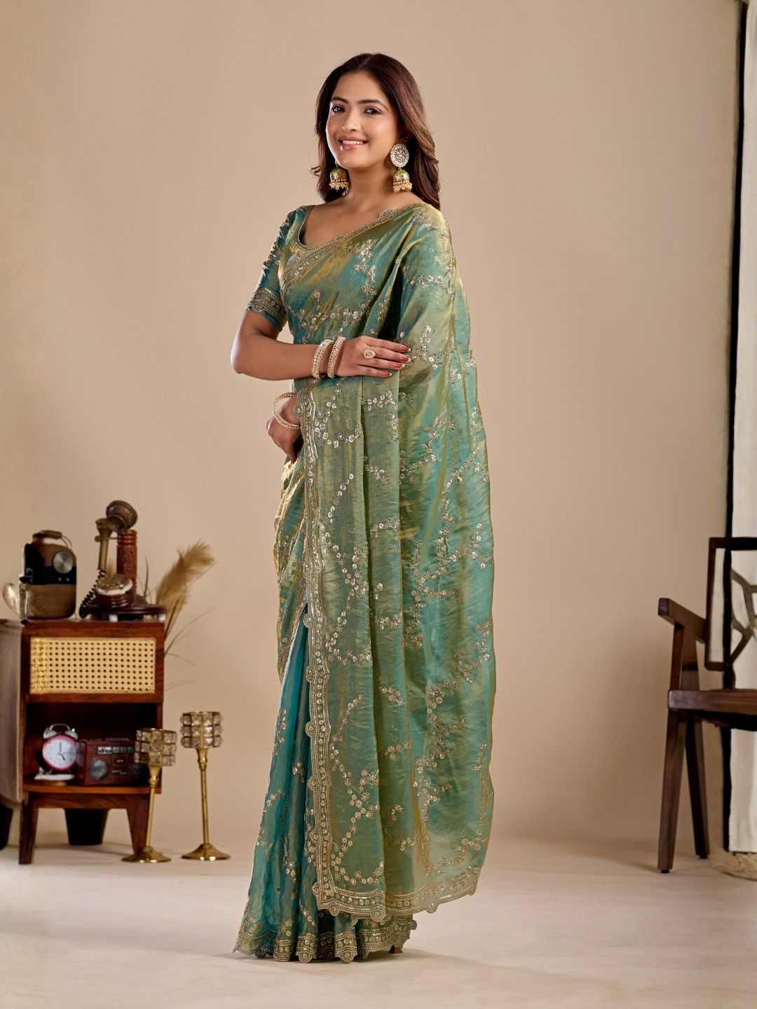 Sea Green Embroidered Silk Saree with Designer Blouse for Wedding & Festive Wear