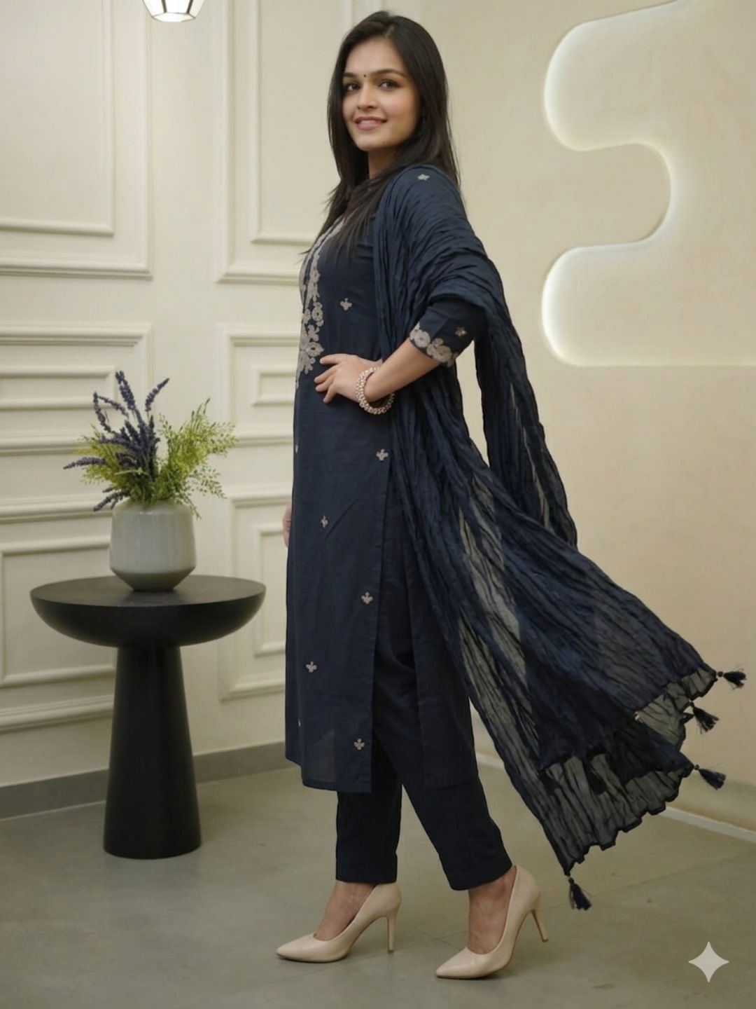Navy Blue Embroidered Rayon Slub Kurta Set with Chanderi Cotton Dupatta