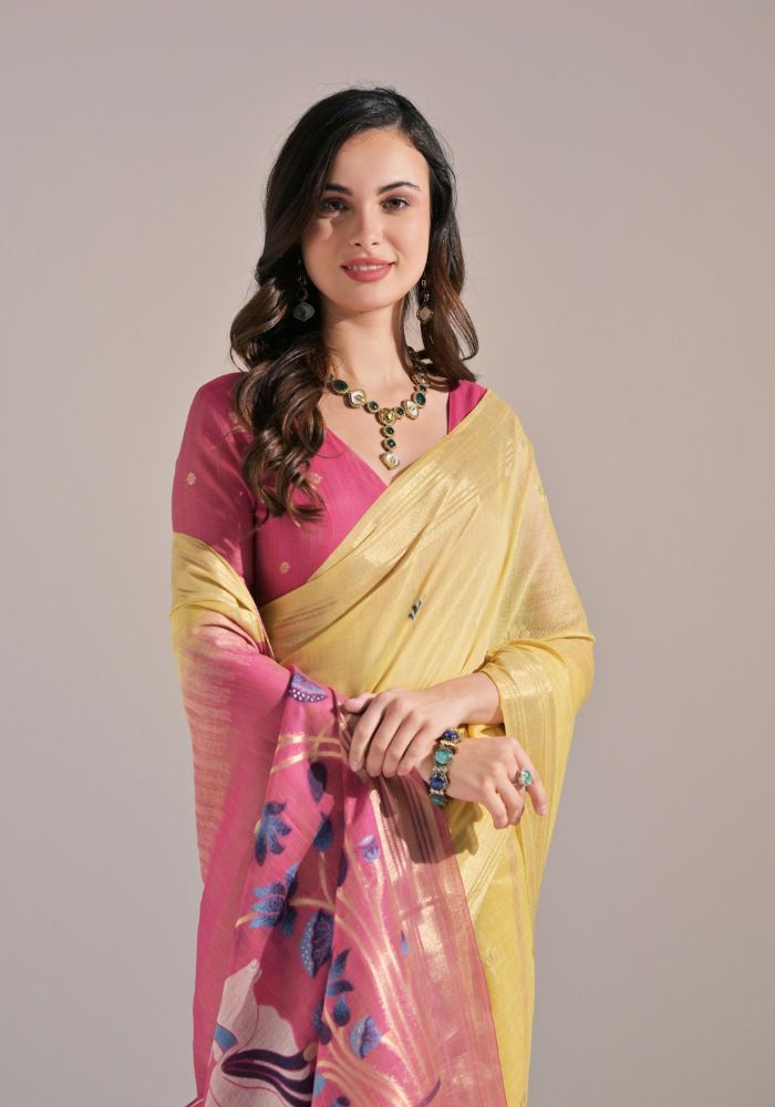Festive Leamon Yellow Sari with Embroidered Buttis and Bold Border