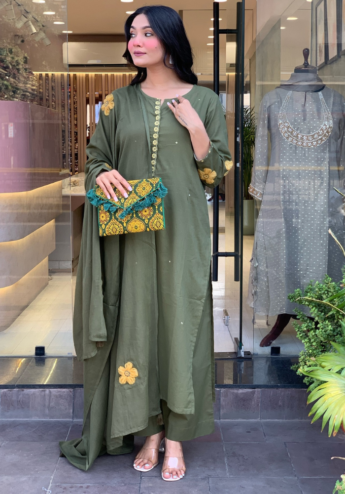 Olive Green Embroidered Chanderi Silk Kurta Set with Dupatta for Women