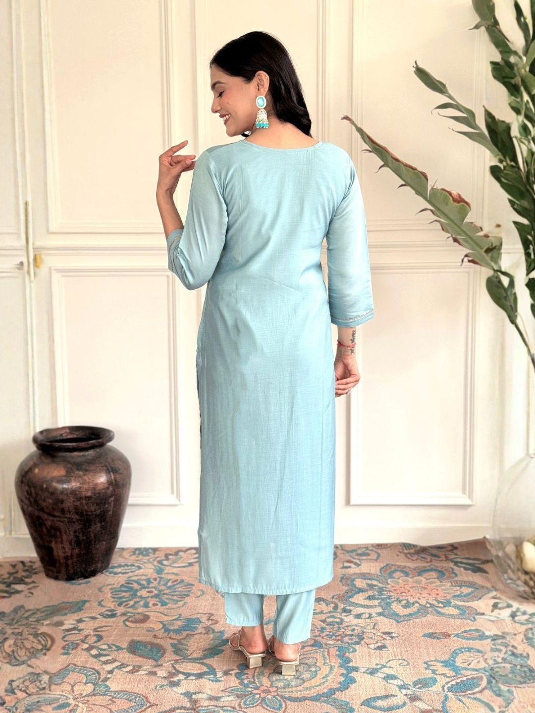 Women Sky Blue Viscose Chanderi Embroidered Kurta Pant Set with Dupatta