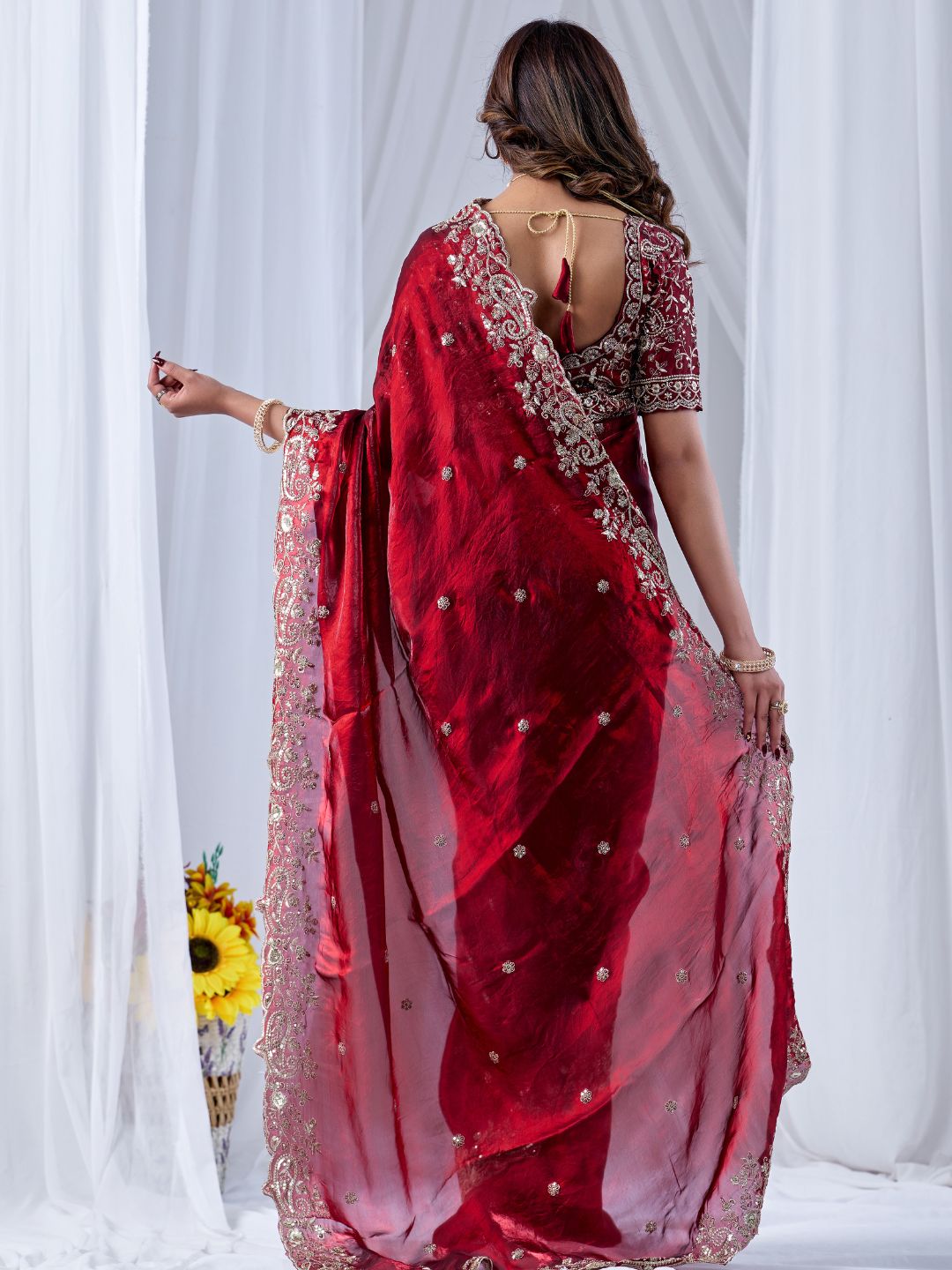 Wine Red Embroidered Silk Saree with Designer Blouse