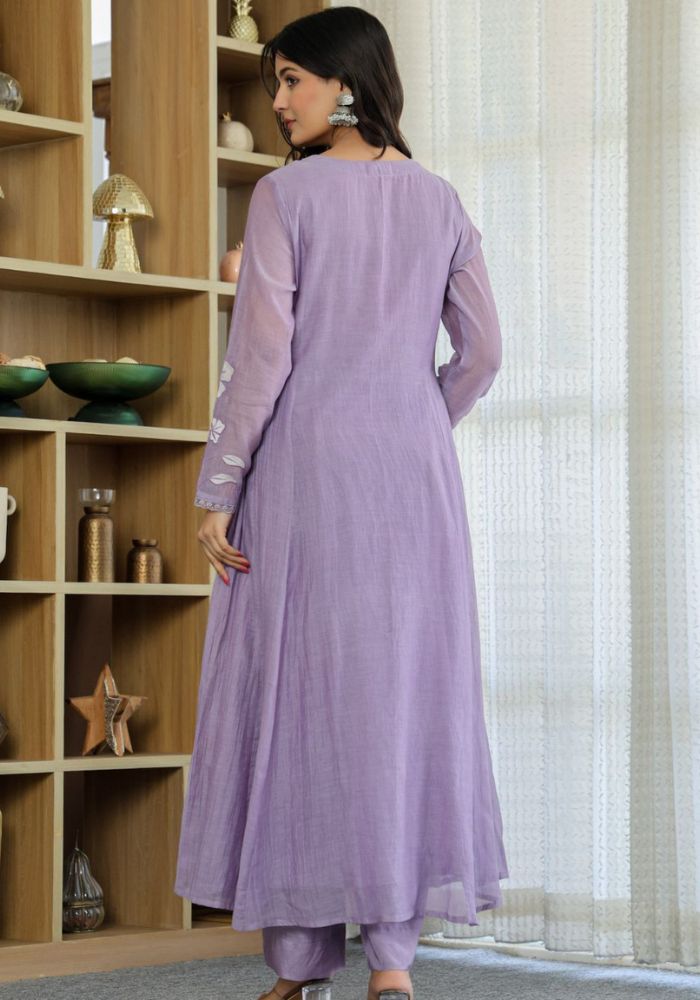 Lavender Embroidered Chanderi Silk Anarkali Kurta Set with Dupatta for Women