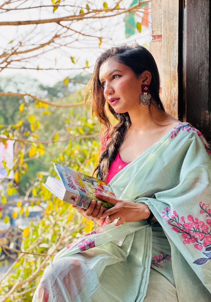 Elegant Floral Printed Mint Green Saree with Designer Pallu and Tassels
