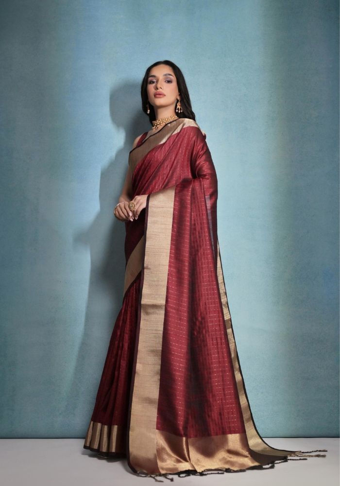 Timeless Maroon Silk Saree with Rich Golden Accents
