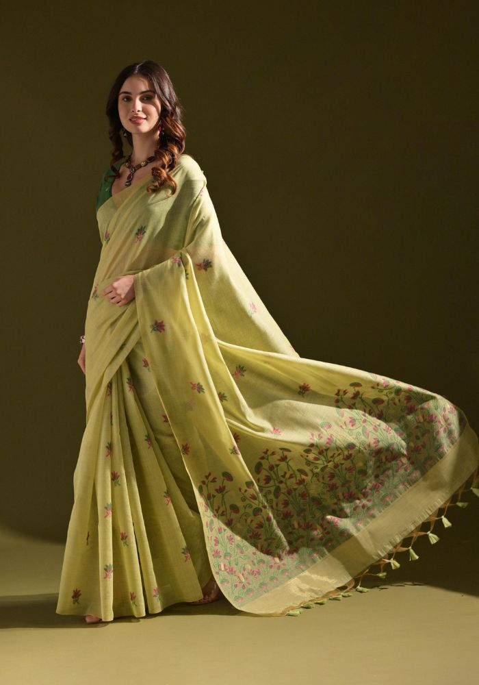 Elegant Lamon Yellow Cotton Saree with Delicate Floral Embroidery