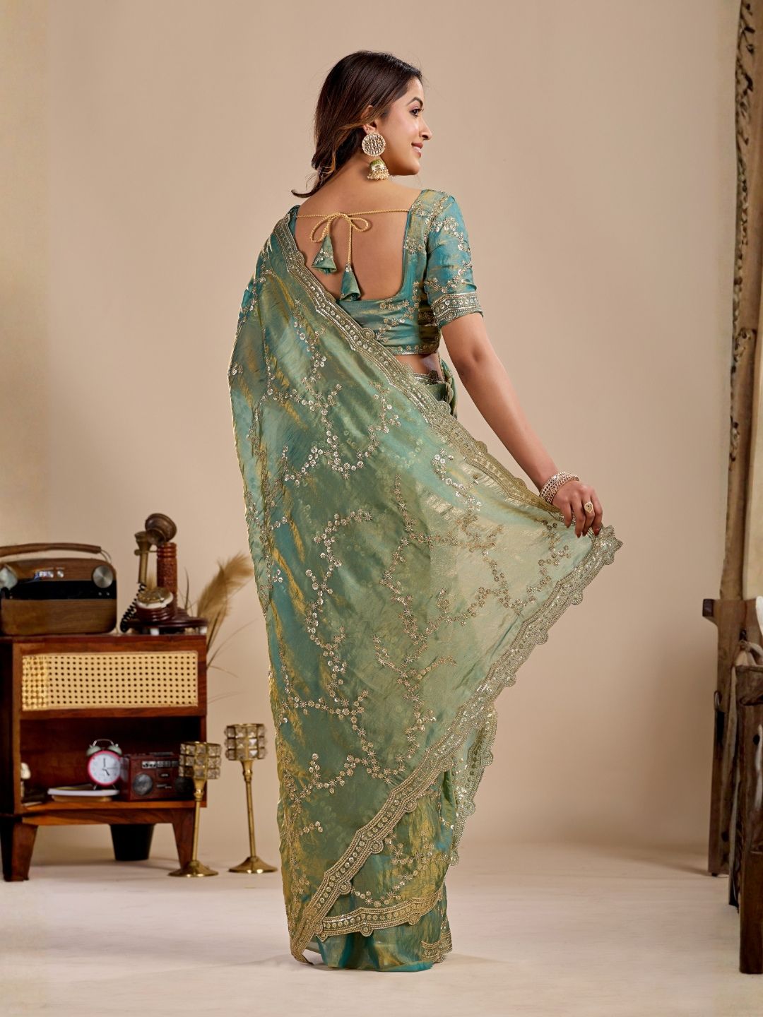 Sea Green Embroidered Silk Saree with Designer Blouse for Wedding & Festive Wear