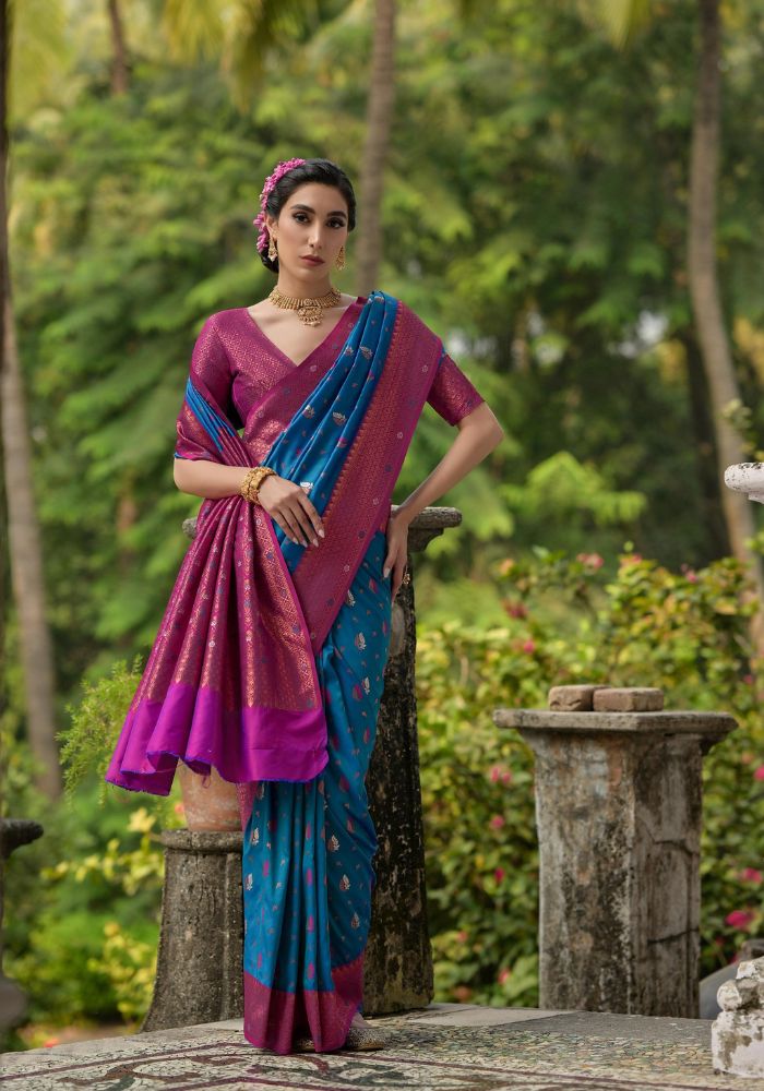 Traditional Banarasi Silk Saree in Blue with Floral Weaving