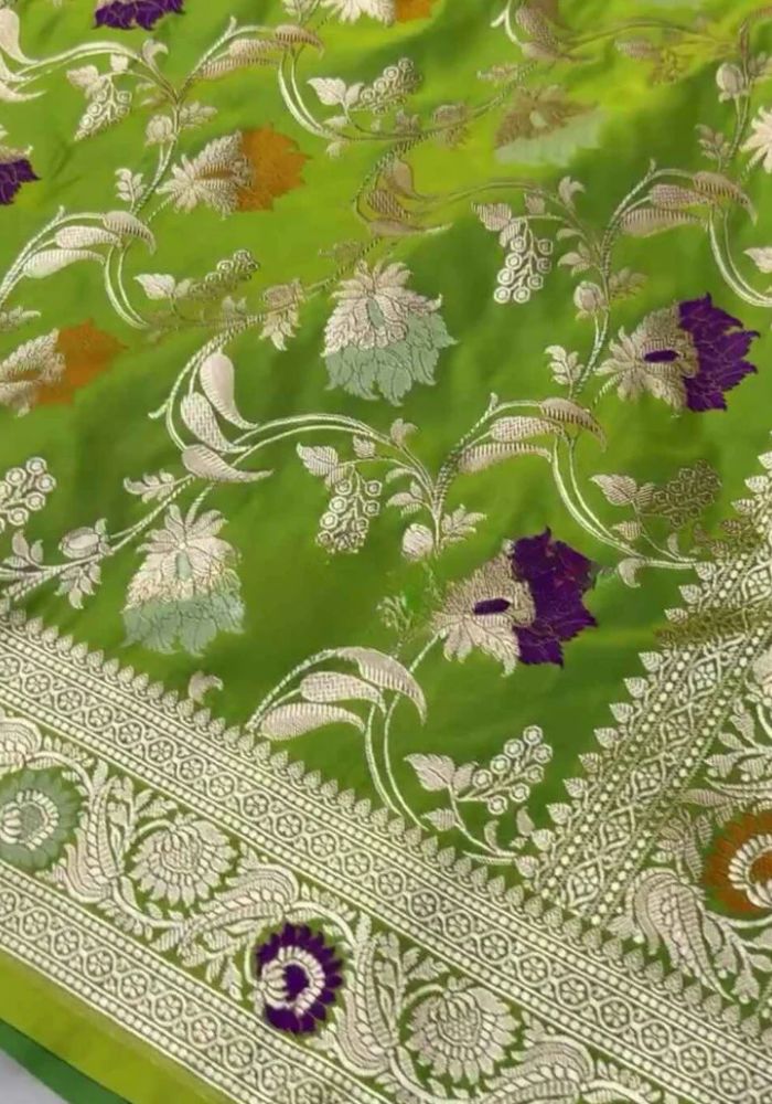 Green Banarasi Mashru Satin Silk Saree with Multicolor Zari Floral