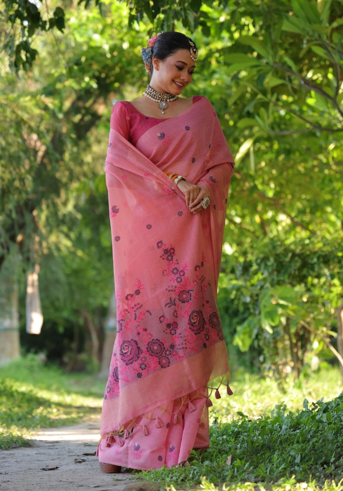 Graceful Soft Muga Pink Cotton Saree with Resham Floral Weaving & Tassels