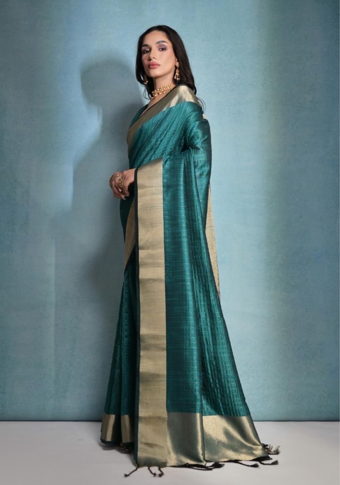 Timeless Teal Blue Silk Saree with Rich Golden Accents