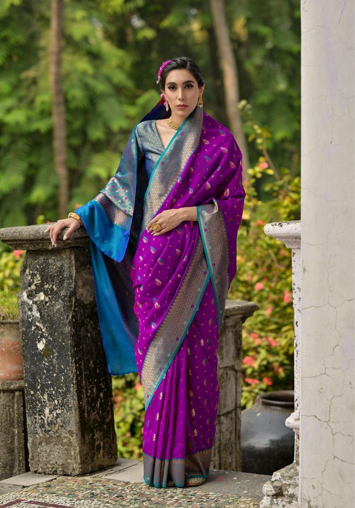 Traditional Banarasi Silk Saree in Purple with Floral Weaving
