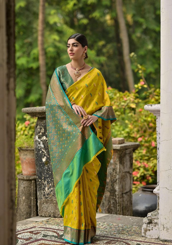Traditional Banarasi Silk Saree in Yellow with Floral Weaving