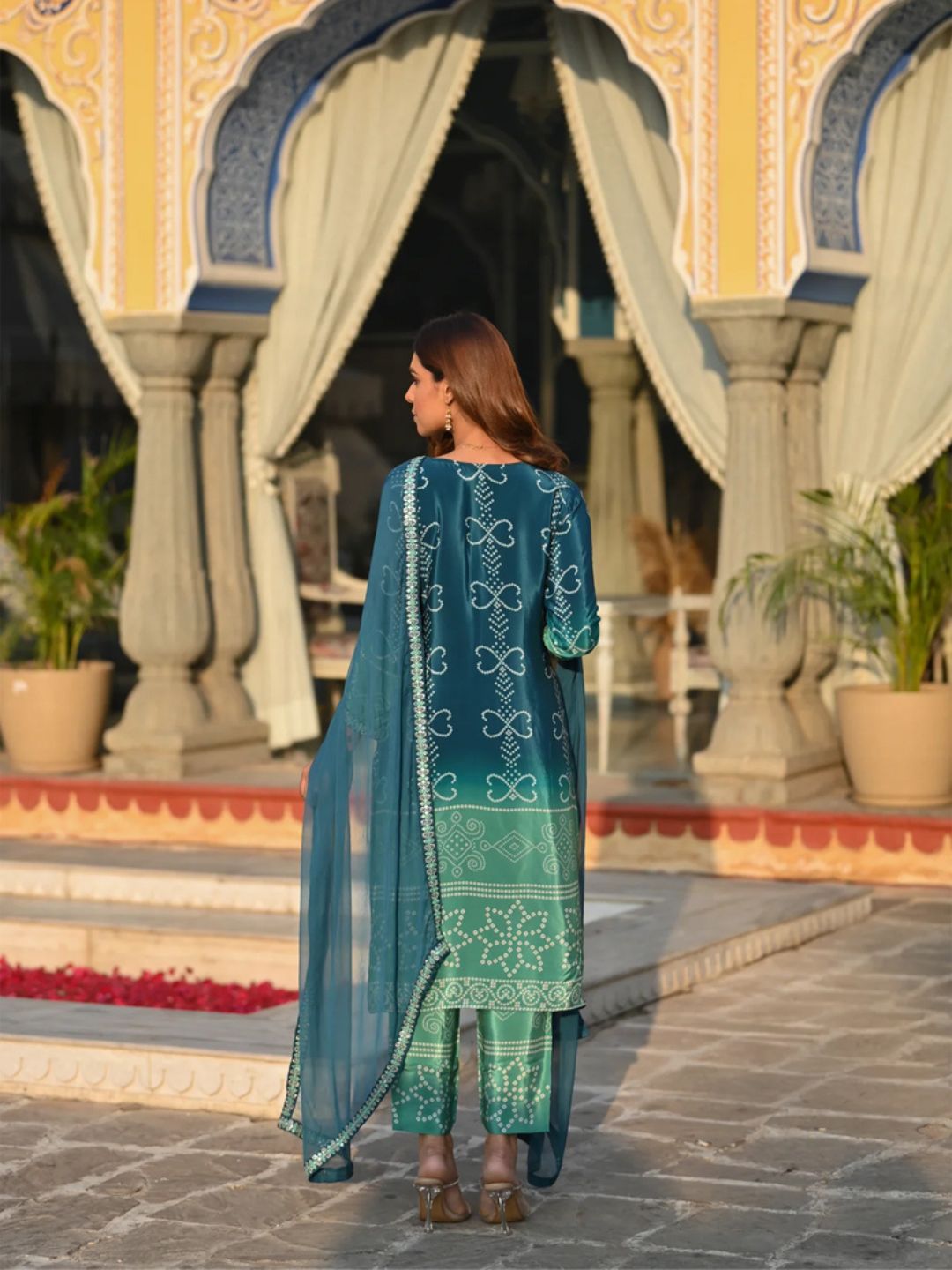 Teal Blue Position Printed Chinnon Silk Kurta Set with Nazmeen Dupatta