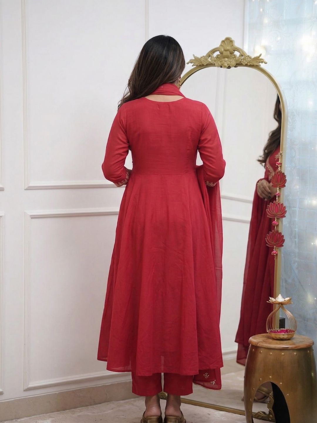 Ruby Red Embroidered Muslin Cotton Anarkali Kurta Set with Chanderi Cotton Dupatta
