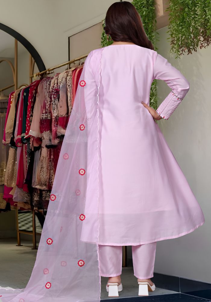 Lavender Embroidered Chanderi Silk Anarkali Kurta Set with Organza Dupatta