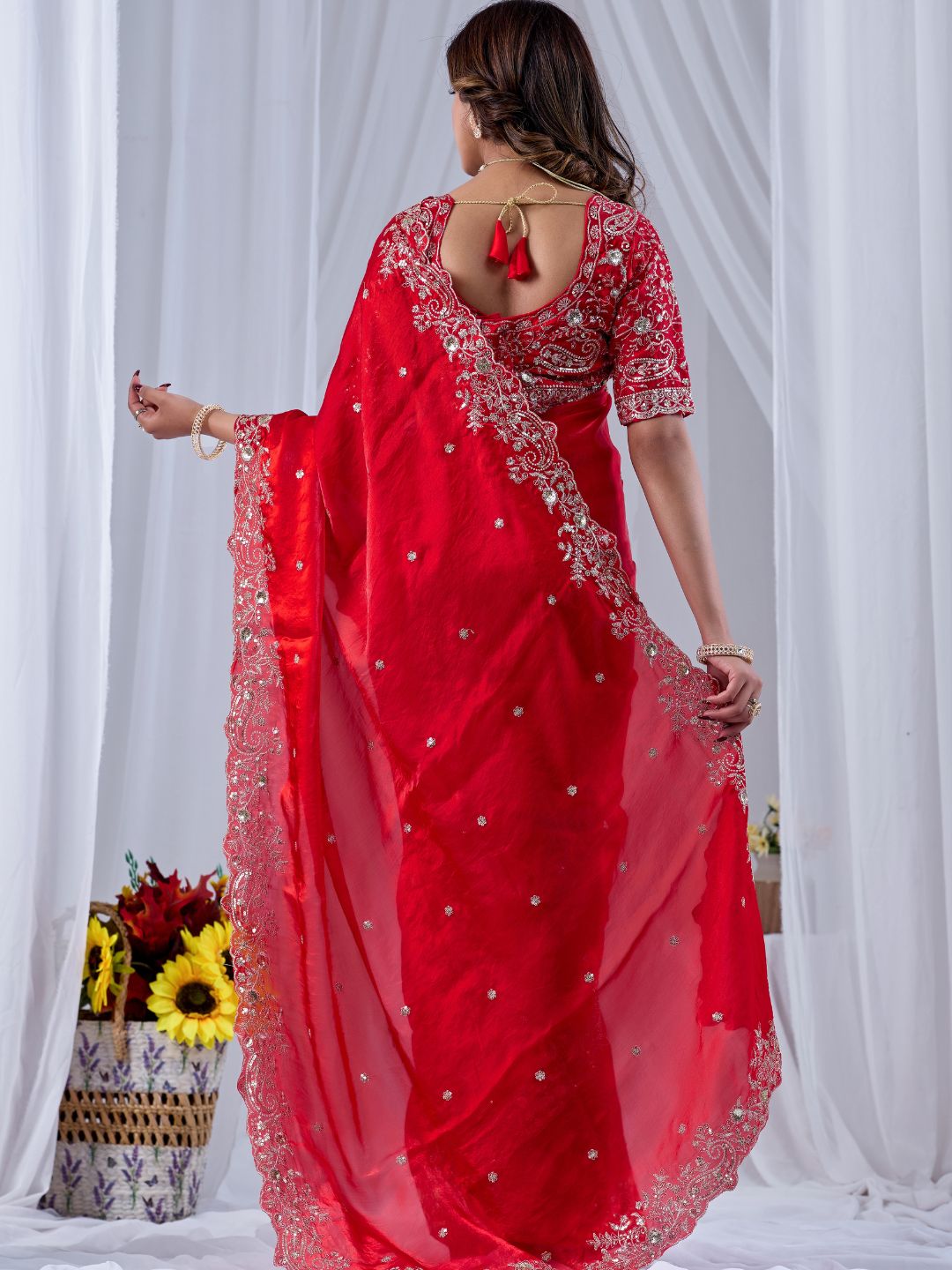 Crimson Red Embroidered Silk Saree with Designer Blouse
