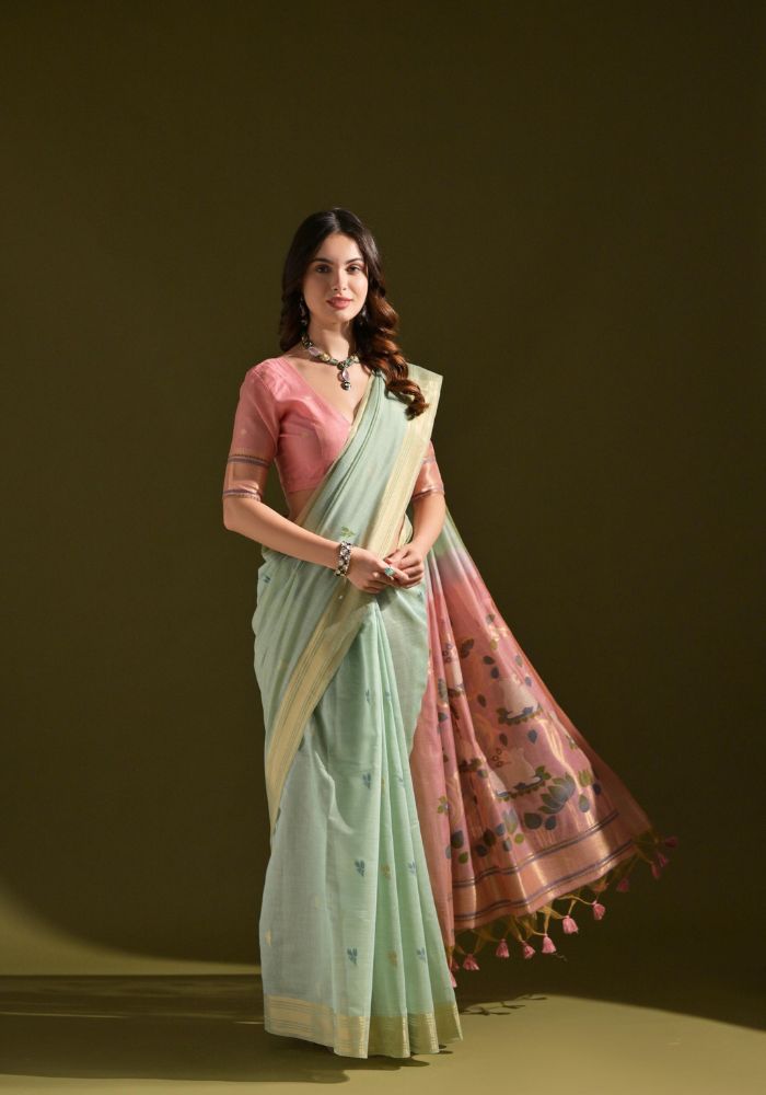 Designer Cotton Pista Saree with Lotus Print – Kesudi