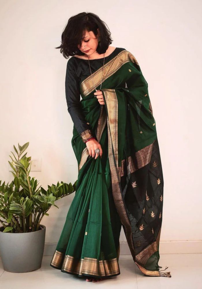 Elegant Dark Green Banarasi Satin Silk Saree with Golden Zari Woven Border