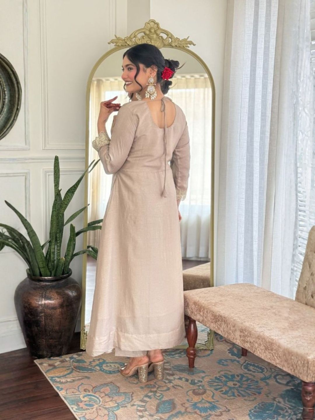Women Beige Vichitra Silk Embroidered Anarkali Kurta Set with Dupatta