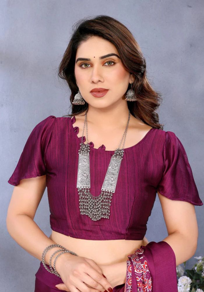 Elegant Wine Banarasi Satin Silk Saree with Golden Zari Woven Border