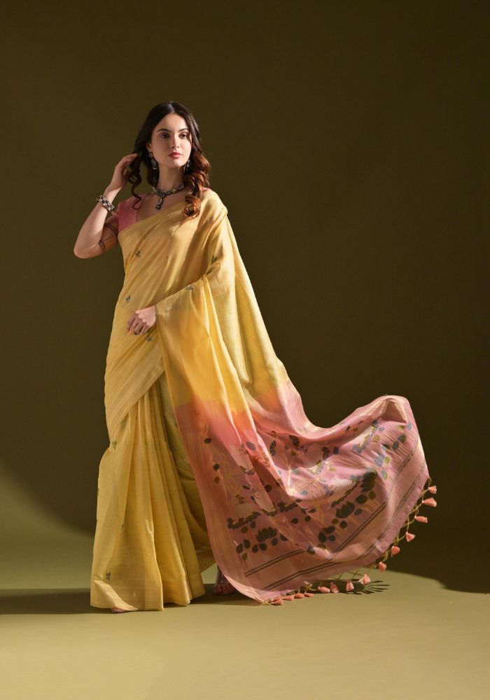 Designer Cotton Mustard Saree with Lotus Print