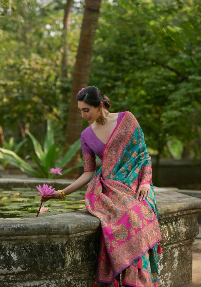 Luxury Woven Pashmina Silk Sky Saree with All-Over Floral Design & Contrast Pallu