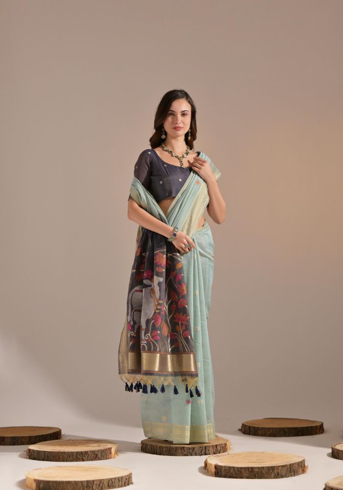 Soft Muga Cotton Floral Saree | Festive & Casual