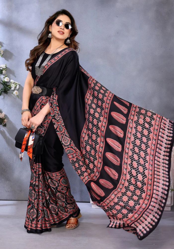 Elegant Black Banarasi Satin Silk Saree with Golden Zari Woven Border