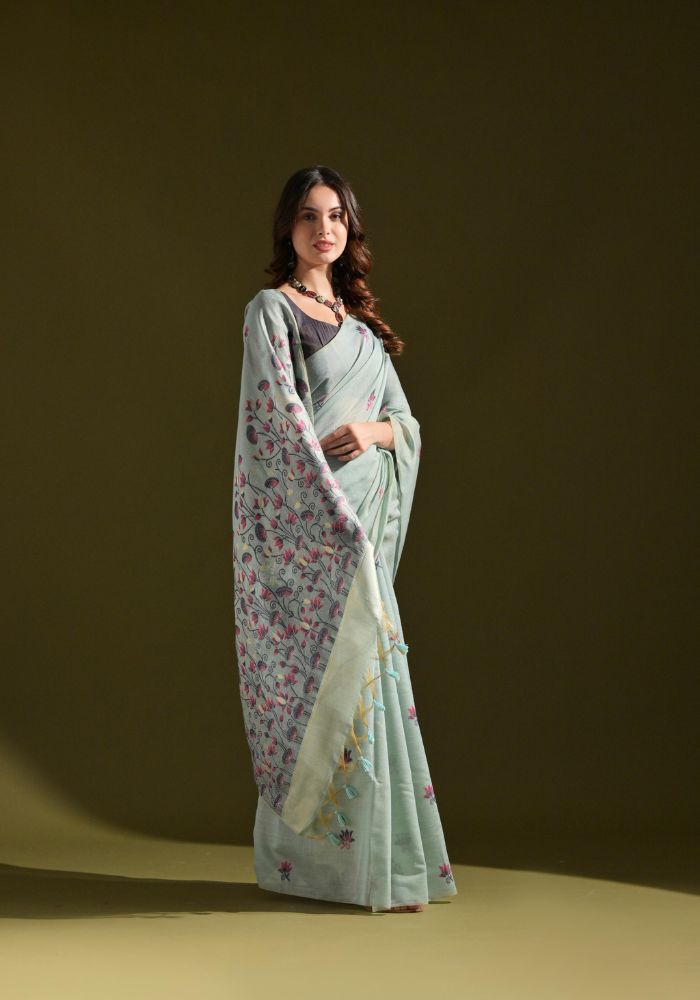 Elegant Sky Cotton Saree with Delicate Floral Embroidery