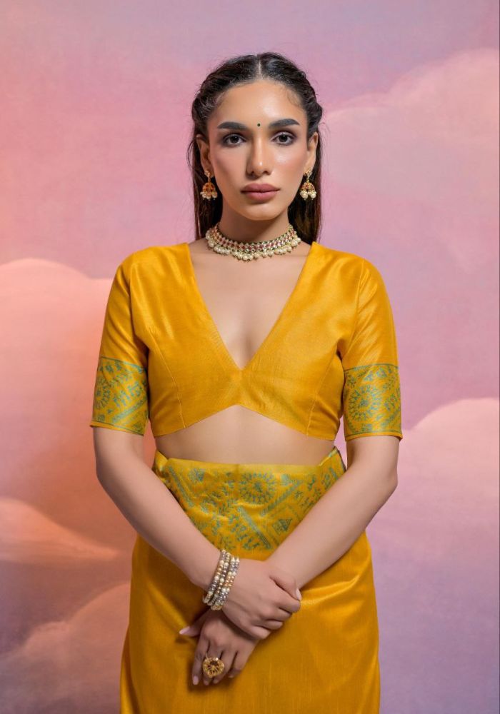 Traditional Mustard Silk Saree with Golden Zari Work
