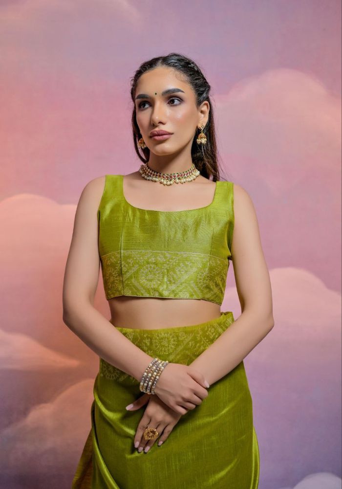 Traditional Olive Green Silk Saree with Golden Zari Work