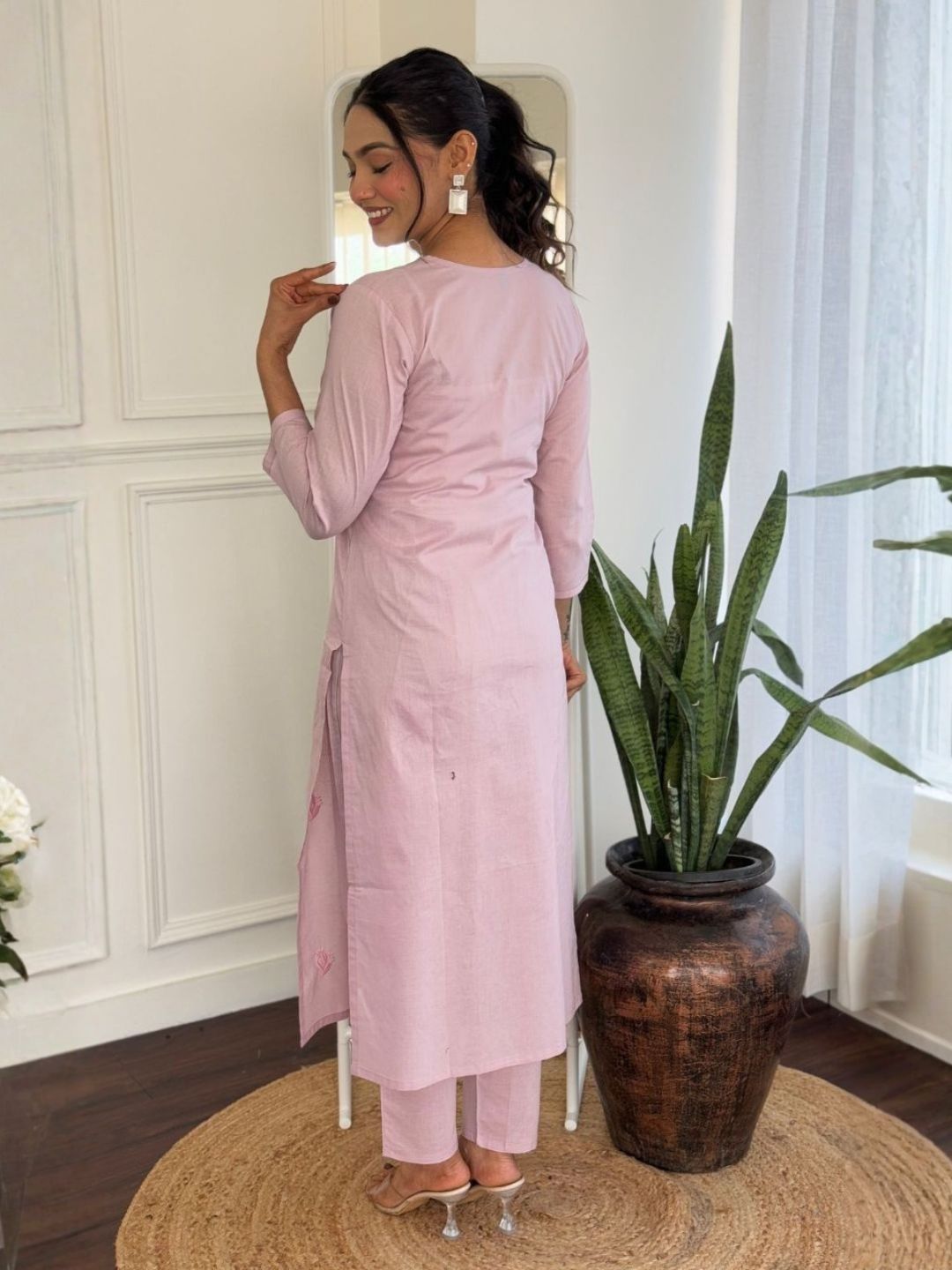 Women Baby Pink Pure Cotton Embroidered Kurta Pant Set with Matching Dupatta