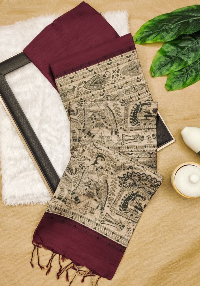 Traditional Wine Madhubani Printed Tussar Silk Saree