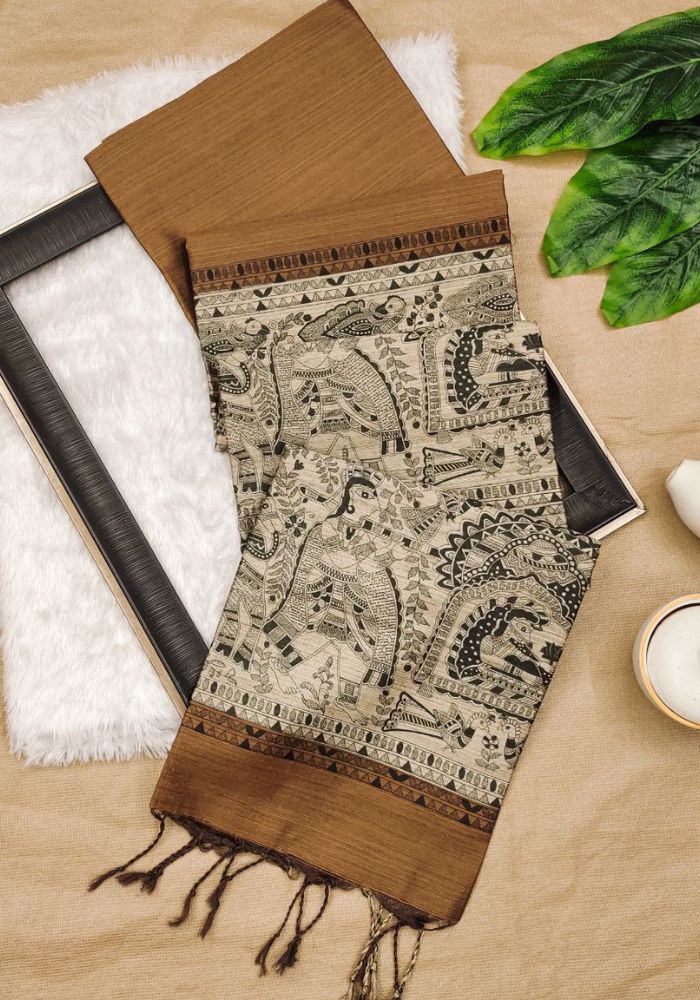 Traditional Antique Gold Madhubani Printed Tussar Silk Saree