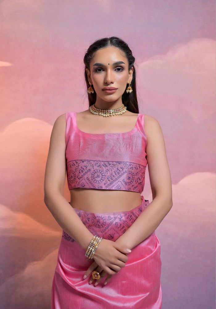 Traditional Rose Pink Silk Saree with Golden Zari Work