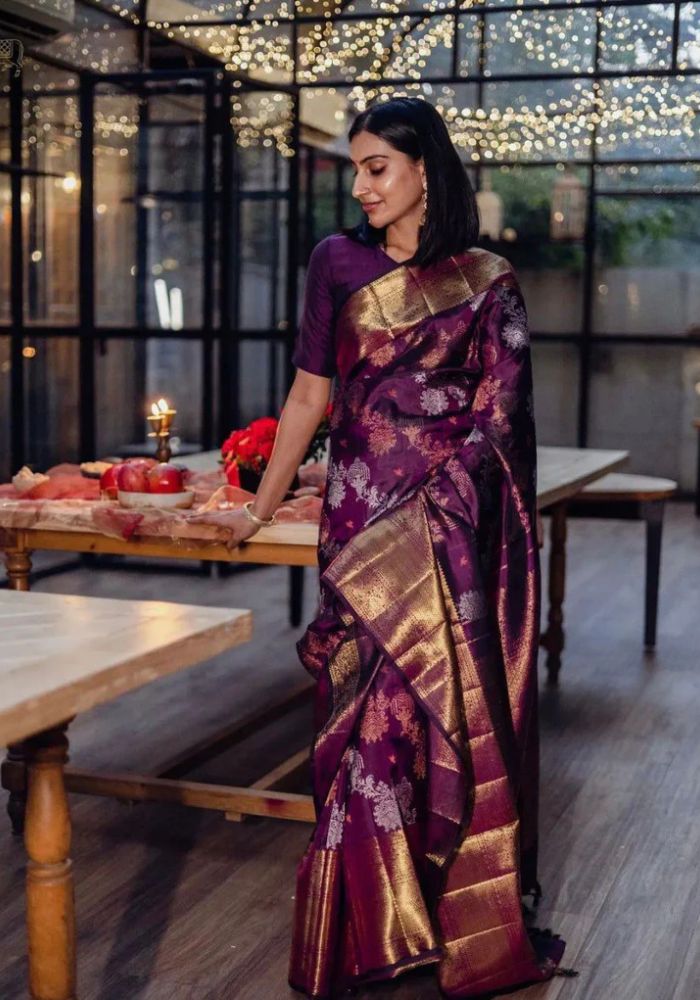 Elegant Wine Banarasi Satin Silk Saree with Golden Zari Woven Border