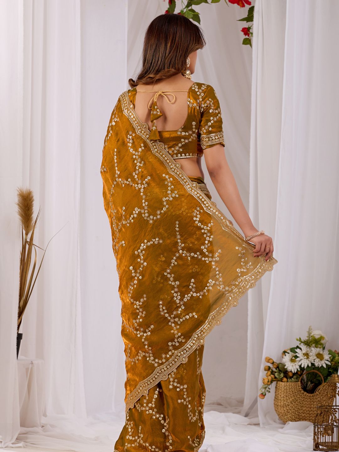 Mustard Gold Embroidered Silk Saree with Designer Blouse for Wedding & Festive Wear