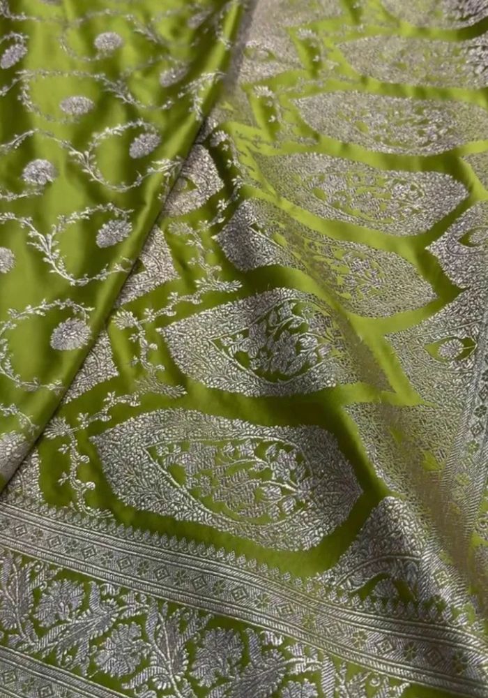 Bright Green Katan Silk Banarasi Saree with Silver Zari Floral Jaal