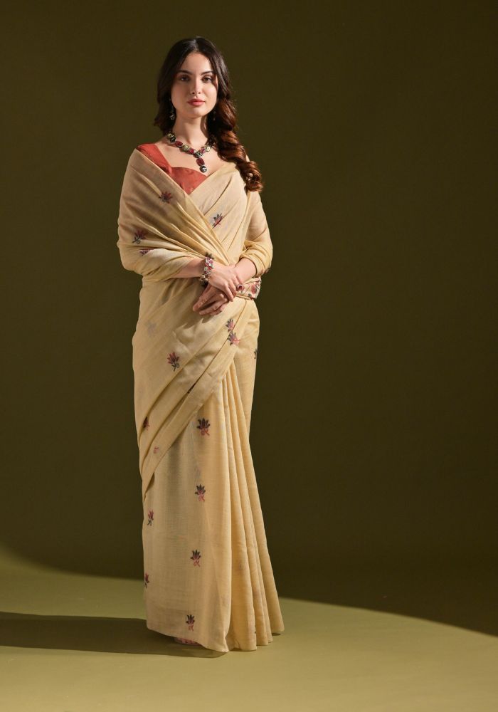 Elegant Beige Cotton Saree with Delicate Floral Embroidery
