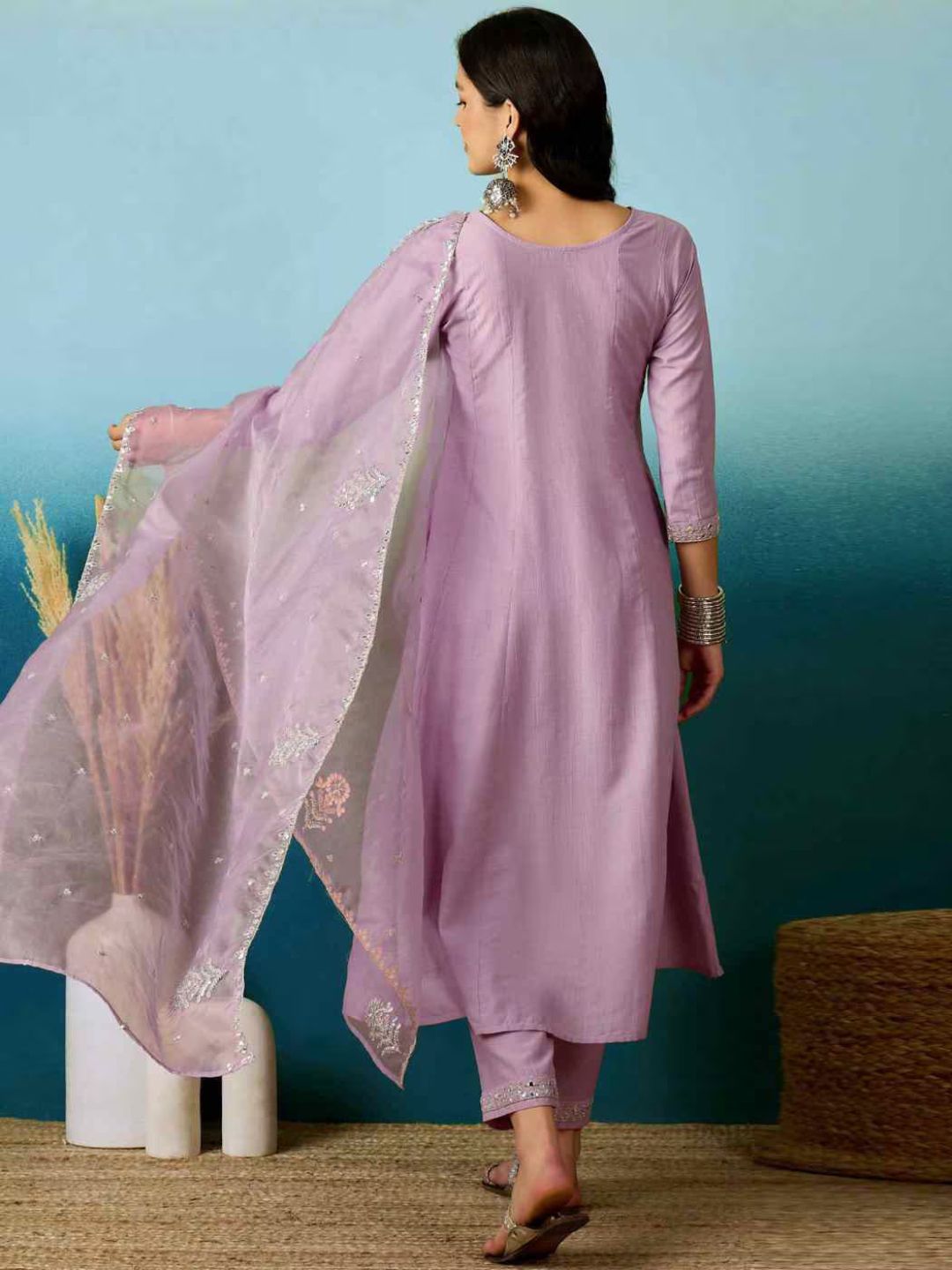 Women Lavender Sequins Embroidered Silk Blend Anarkali Gown Set with Organza Dupatta