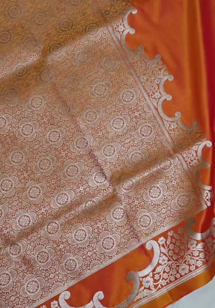 Orange Banarasi Satin Silk Saree with Silver Zari Buta