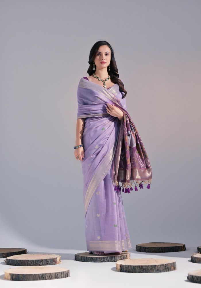 Festive Purple Sari with Embroidered Buttis and Bold Border
