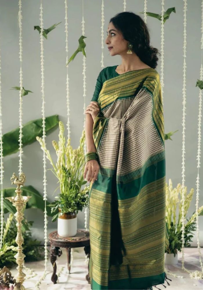 Classic Dark Green Banarasi Satin Silk Saree with Golden Zari Woven Border
