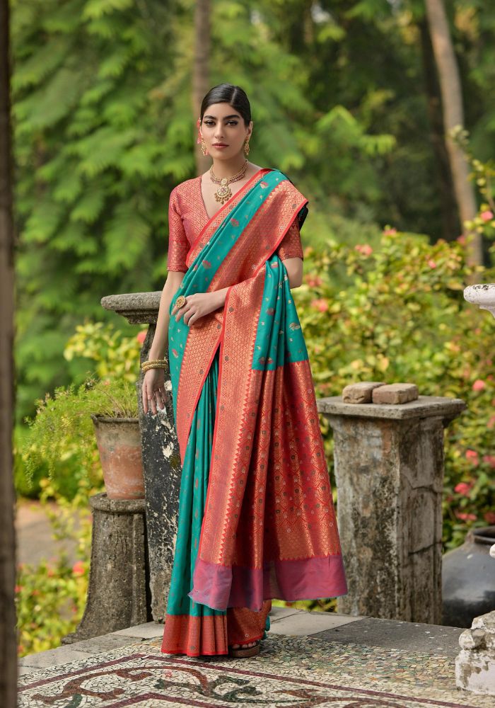 Traditional Banarasi Silk Saree in Teal Green with Floral Weaving